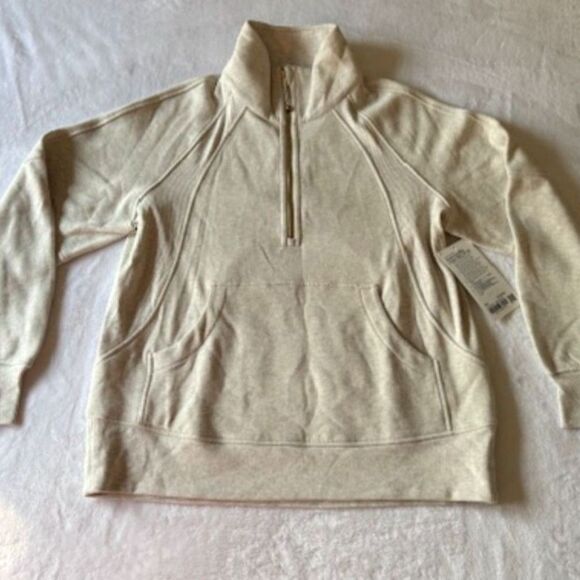 Lululemon M/L Heather Cream Scuba Oversized Funnel-Neck Half Zip Gold Tone NWT - Picture 3 of 12